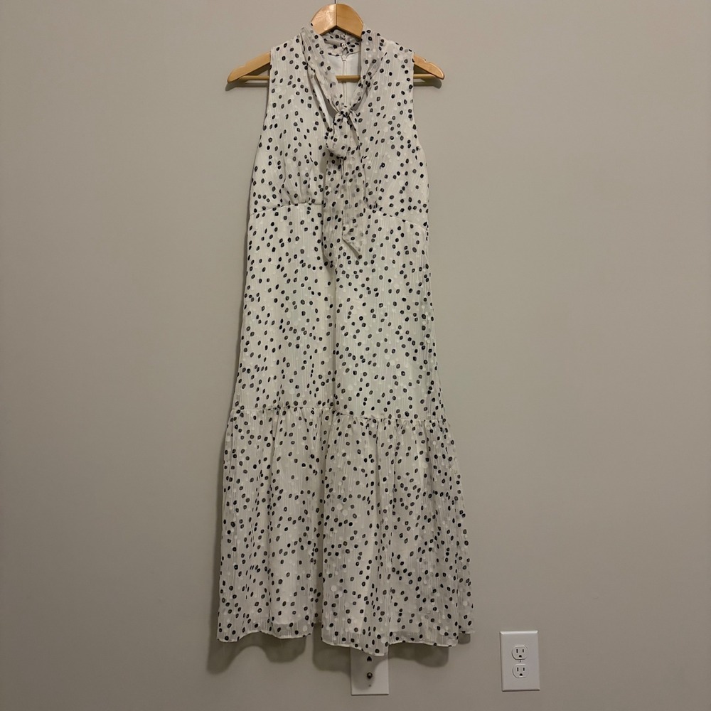 Maggy London White Navy Polka Dot Tie Neck Tiered Midi Dress 8